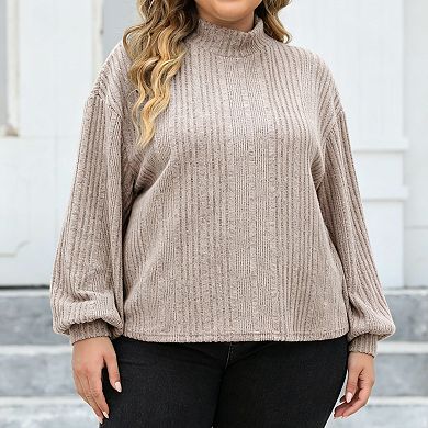 Plus Size Women's Ribbed Knit Mock Neck Top Loose Long Sleeve Casual Blouse