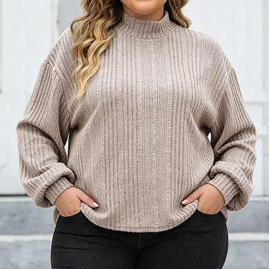 Plus Size Women's Ribbed Knit Mock Neck Top Loose Long Sleeve Casual Blouse
