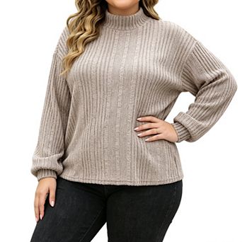 Plus Size Women's Ribbed Knit Mock Neck Top Loose Long Sleeve Casual Blouse