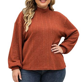 Plus Size Women's Ribbed Knit Mock Neck Top Loose Long Sleeve Casual Blouse