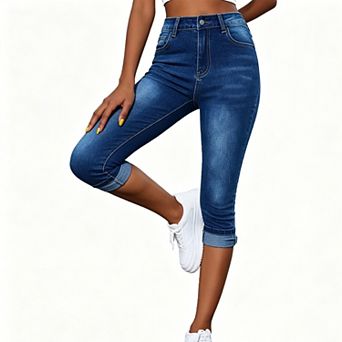 Women's High Waist Cuffed Jeans Slim Fit Denim Knee-Length Pants