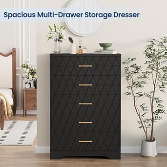 Modern Tall 5 Drawer Dresser for Bedroom Wooden Chest with Gold Handles