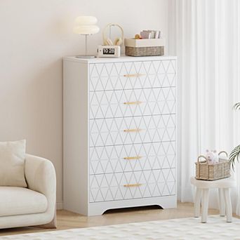 Modern Tall 5 Drawer Dresser for Bedroom Wooden Chest with Gold Handles
