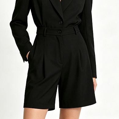 Women's High-Waisted Tailored Bermuda Shorts Pleated Wide-Leg Work Casual Shorts with Pockets
