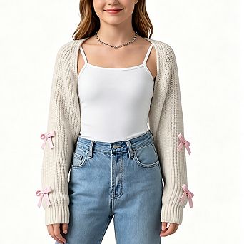 Girl's Cropped Knit Bolero Shrug with Bow Detail Long Sleeve Open-Front Cardigan
