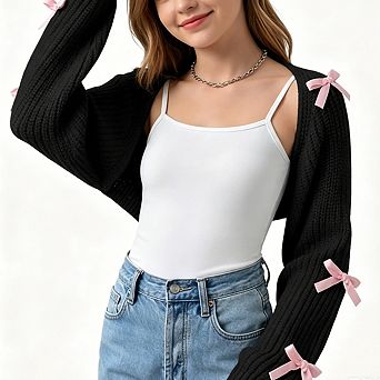 Girl's Cropped Knit Bolero Shrug with Bow Detail Long Sleeve Open-Front Cardigan