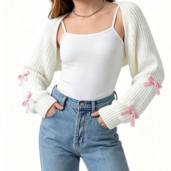 Girl's Cropped Knit Bolero Shrug with Bow Detail Long Sleeve Open-Front Cardigan