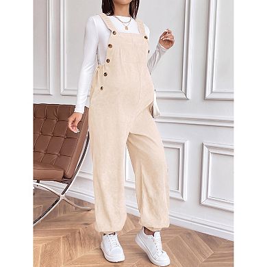 Women Maternity Overalls Casual Loose Button Side Corduroy Jumpsuit