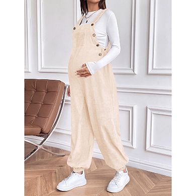 Women Maternity Overalls Casual Loose Button Side Corduroy Jumpsuit