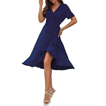 Women Summer Midi Wrap Short Flutter Sleeve V Neck Boho Slit Flowy Ruffle Wedding Guest Dresses