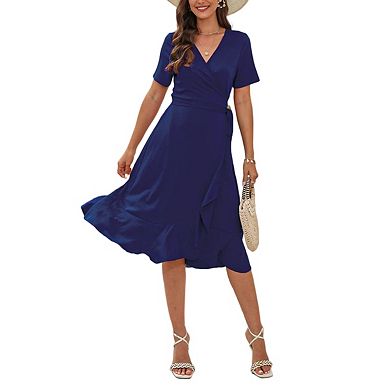 Women Summer Midi Wrap Short Flutter Sleeve V Neck Boho Slit Flowy Ruffle Wedding Guest Dresses