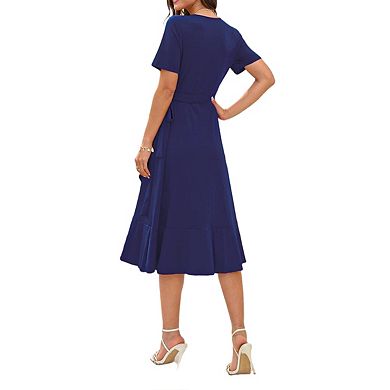 Women Summer Midi Wrap Short Flutter Sleeve V Neck Boho Slit Flowy Ruffle Wedding Guest Dresses
