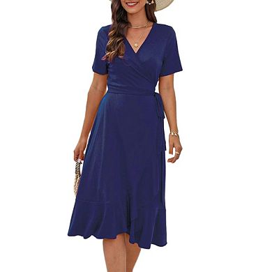Women Summer Midi Wrap Short Flutter Sleeve V Neck Boho Slit Flowy Ruffle Wedding Guest Dresses