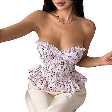 Women's Floral Print Corset Top Strapless Lace Trim Peplum Bustier Blouse