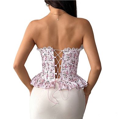 Women's Floral Print Corset Top Strapless Lace Trim Peplum Bustier Blouse