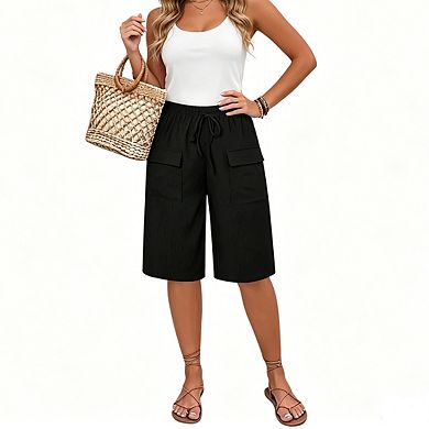 Women's Elastic Waist Cargo Bermuda Shorts Drawstring Wide-Leg Casual Shorts with Pockets