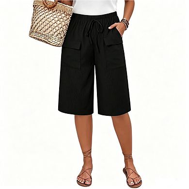 Women's Elastic Waist Cargo Bermuda Shorts Drawstring Wide-Leg Casual Shorts with Pockets