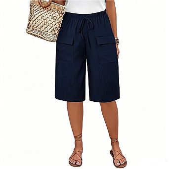 Women's Elastic Waist Cargo Bermuda Shorts Drawstring Wide-Leg Casual Shorts with Pockets