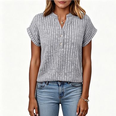 Women's Ribbed Knit Henley Top V-Neck Short Sleeve Casual Button Blouse