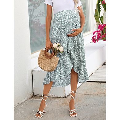Women's Floral Ruffle Split Maternity Midi Skirt