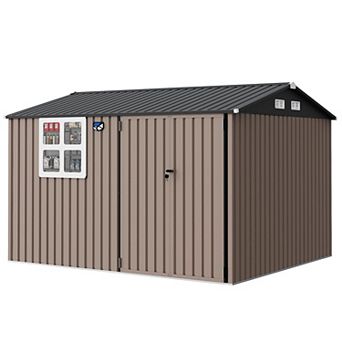 10x8FT Outdoor Lean-to Shed, Galvanized Steel Weatherproof Storage House with Window Lock Door