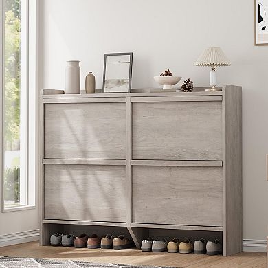 Entryway Shoe Cabinet 4 Flip Drawer Wooden Shoe Storage Organizer with Adjustable Shelves