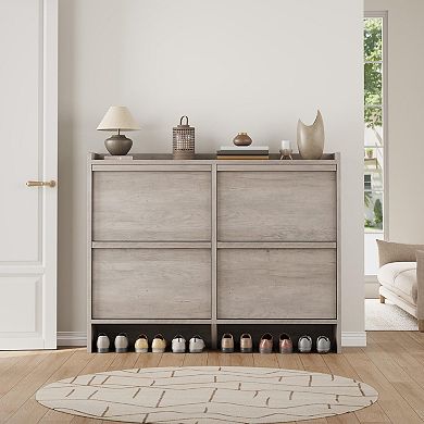 Entryway Shoe Cabinet 4 Flip Drawer Wooden Shoe Storage Organizer with Adjustable Shelves