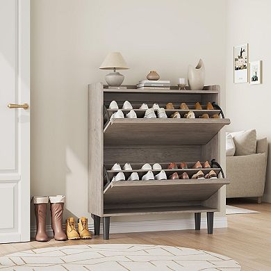 2-Drawer Flip-Down Shoe Storage Cabinet with Adjustable Shelves & Anti-Tip Kit, Entryway Organizer