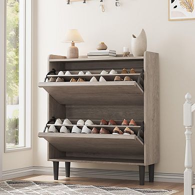 2-Drawer Flip-Down Shoe Storage Cabinet with Adjustable Shelves & Anti-Tip Kit, Entryway Organizer