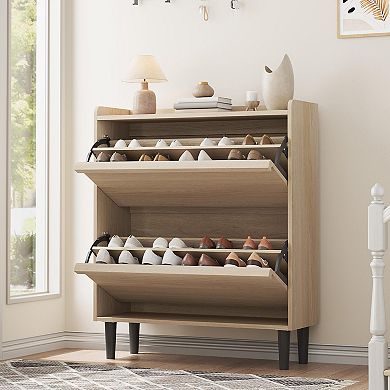 2-Drawer Flip-Down Shoe Storage Cabinet with Adjustable Shelves & Anti-Tip Kit, Entryway Organizer