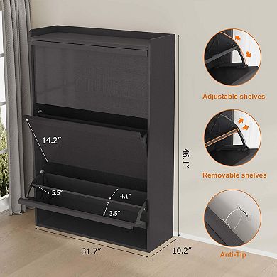 3-Drawer Flip-Down Shoe Storage Cabinet with Adjustable Shelves, Slim Wooden Entryway Organizer