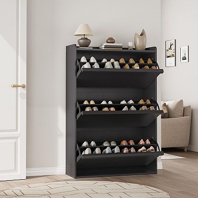 3-Drawer Flip-Down Shoe Storage Cabinet with Adjustable Shelves, Slim Wooden Entryway Organizer