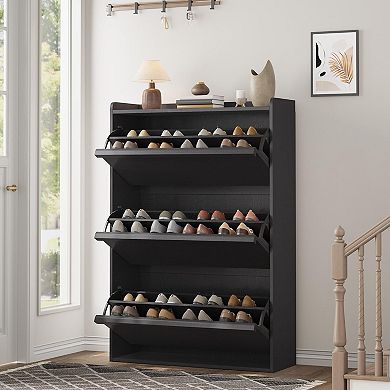 3-Drawer Flip-Down Shoe Storage Cabinet with Adjustable Shelves, Slim Wooden Entryway Organizer