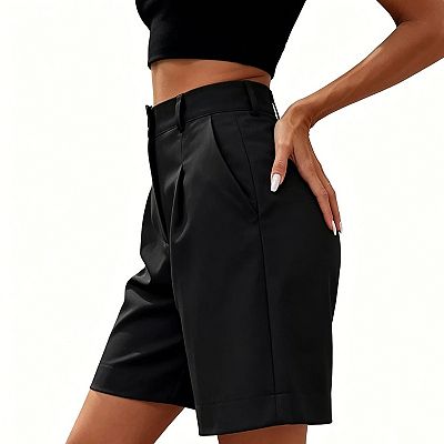 high waisted dress shorts for women HDE Womens Pull On Dress Shorts 3" Inseam with Pockets High Waisted Chino  Dressy Pleated Summer Stretchy Elastic Waist Shorts Black - S
