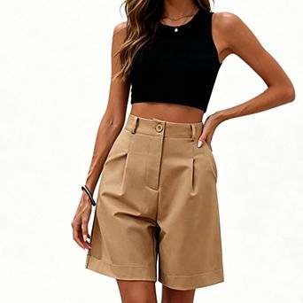 Women's High Waist Pleated Bermuda Shorts, Cuffed Hem Straight Leg Casual Office Dress Shorts