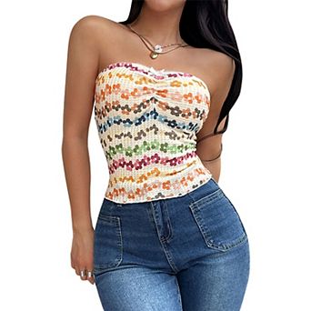 Women's Floral Print Smocked Tube Top, Strapless Bow Detail Form-Fitting Casual Summer Bustier
