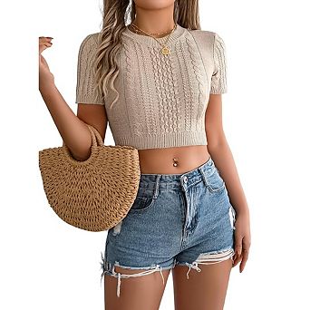 Women's Cable Knit Short Sleeve Knit Top Crew Neck Crochet Vacation Short Crop Top