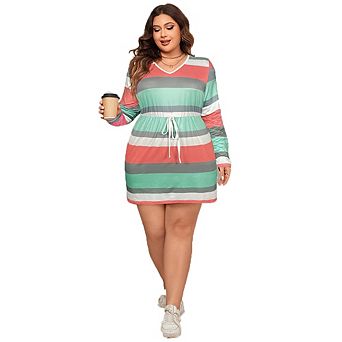 Women's Plus Size Striped Long Sleeve Mini Dress V-Neck Casual Daily Wear