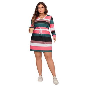 Women's Plus Size Striped Long Sleeve Mini Dress V-Neck Casual Daily Wear