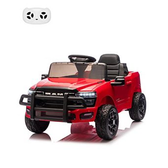 Licensed RAM 12V Kids Ride On Truck, Remote Control Electric Pickup Car with Suspension LED Music