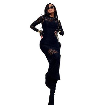 Women's Lace Long Sleeve Maxi Dress Crew Neck with Sheer Panels Formal Evening Wear