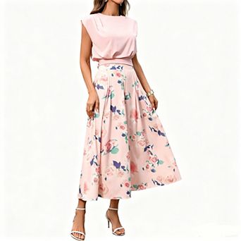 Women's 2 pc Cap Sleeve Top & Floral Midi Skirt Set, Tie Waist A-Line Outfit