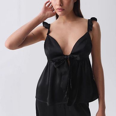 Women's Satin Ruffle Strap Cami Shorts Set Tie-Front Open Back Loungewearl Outfit