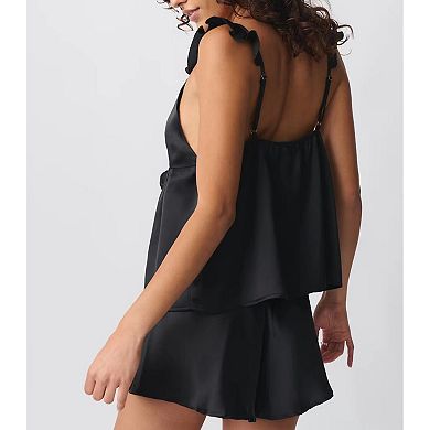 Women's Satin Ruffle Strap Cami Shorts Set Tie-Front Open Back Loungewearl Outfit