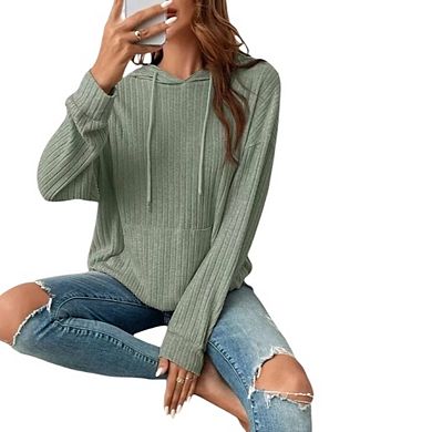 Women Oversized Hoodies Casual Long Sleeve Textured Knit Drawstring Pullover Sweatshirts with Pocket