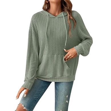 Women Oversized Hoodies Casual Long Sleeve Textured Knit Drawstring Pullover Sweatshirts with Pocket