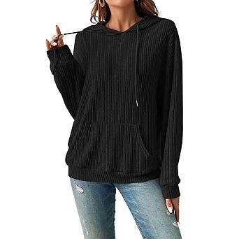 Women Oversized Hoodies Casual Long Sleeve Textured Knit Drawstring Pullover Sweatshirts with Pocket