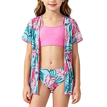 Girls' 3 pc Bikini Swimsuit Set with Solid Pink Crop Top Print Bottom and Sheer Mesh Cover-Up