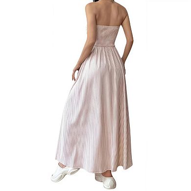 Women's Summer Casual Striped Strapless Tube Top Long Maxi Dresses with Pocket