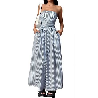 Women's Summer Casual Striped Strapless Tube Top Long Maxi Dresses with Pocket
